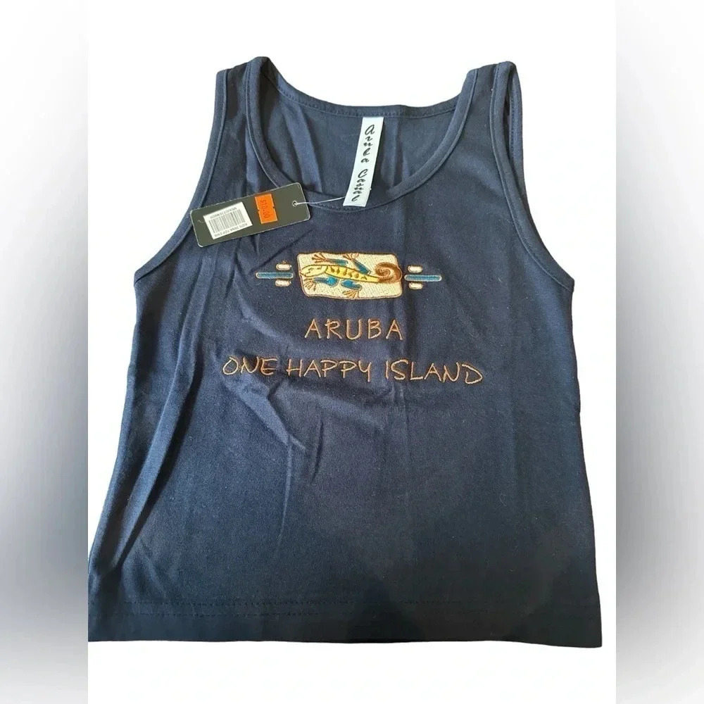 Aruba Boys Navy Blue Embroidered Tank Top “One Happy Island” Size Small Fits 5/6